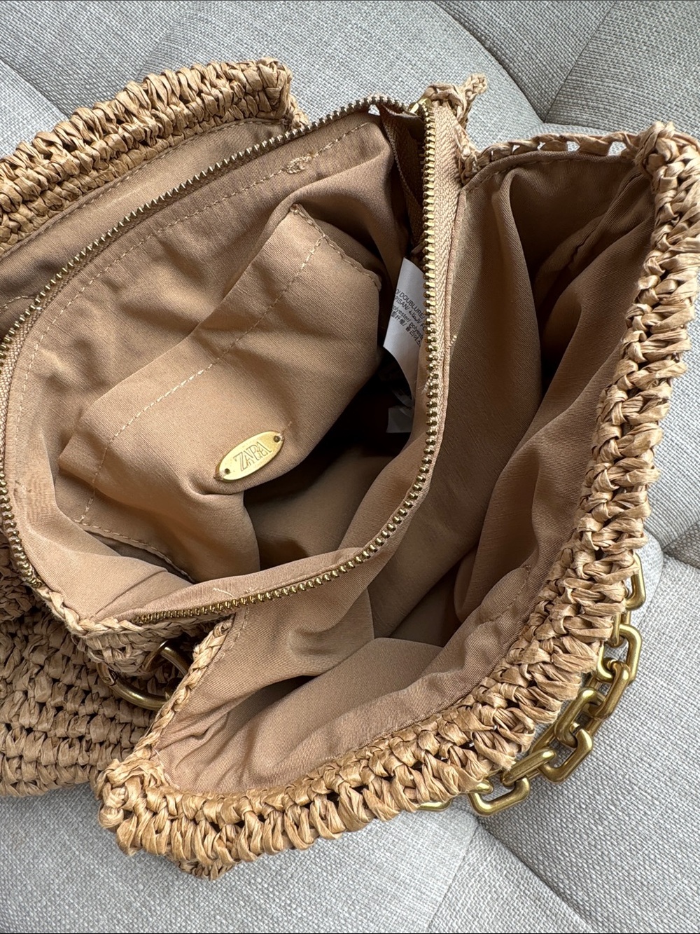Zara Raffia Shoulder Bag with Gold Chain Handle - Tan - Picture 5 of 7